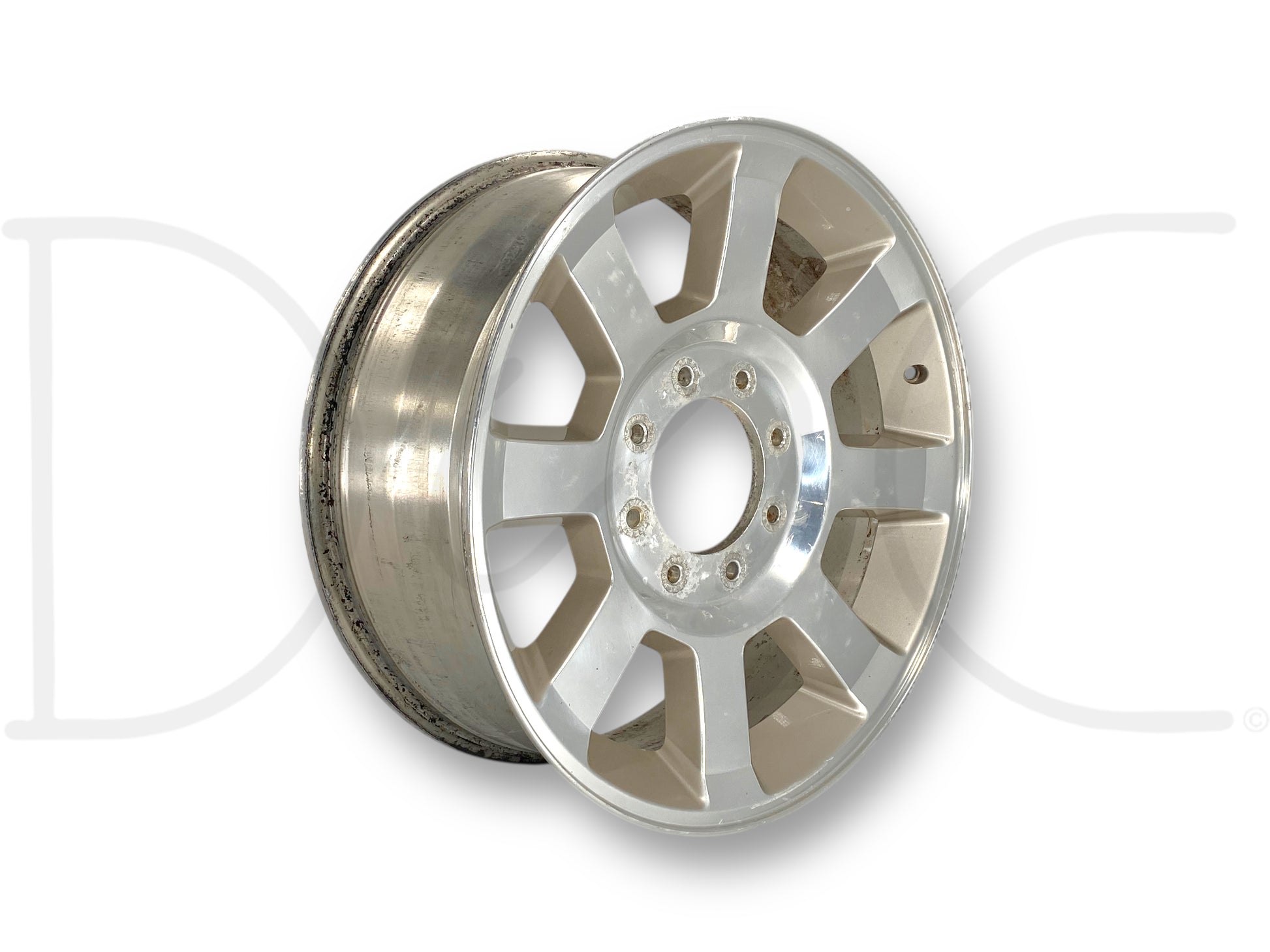 08-10 Ford F250 F350 King Ranch 8 Spoke 20" Wheel 20X8 Rim OE 7C34-1007-Db with used condition showing light wear, surface blemishes, and scratches, designed for Ford F-250 and F-350 Super Duty trucks from 2005 to 2022, suitable for 6.4L Powerstroke engines.