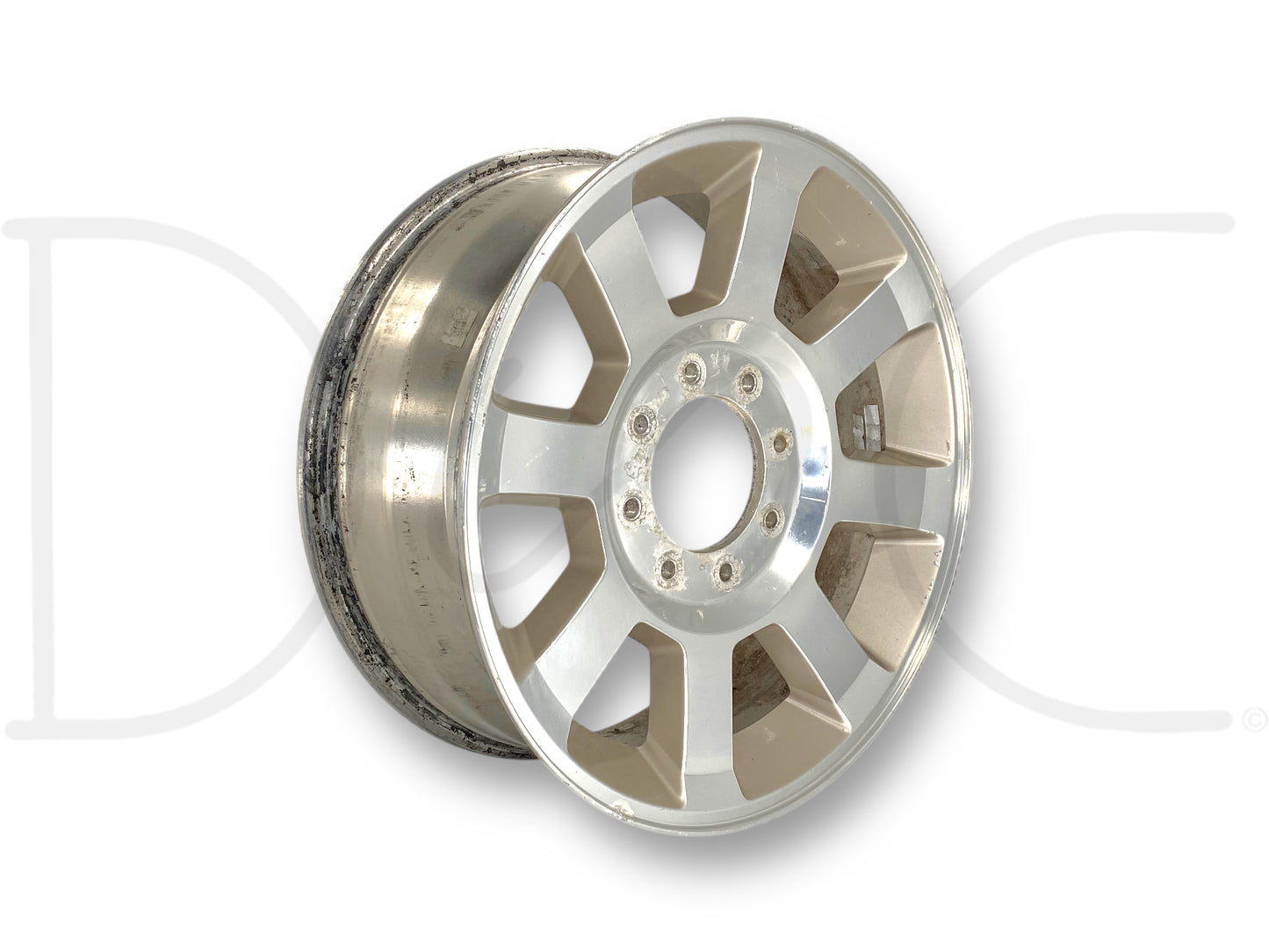 08-10 Ford F250 F350 King Ranch 8 Spoke 20" Wheel 20X8 Rim OE 7C34-1007-Db used alloy rim with light wear, surface blemishes, and scratches, compatible with 2008 Ford F-250 King Ranch 6.4L Powerstroke and fitment range from 2005 to 2022 F-250 and F-350 Super Duty trucks.