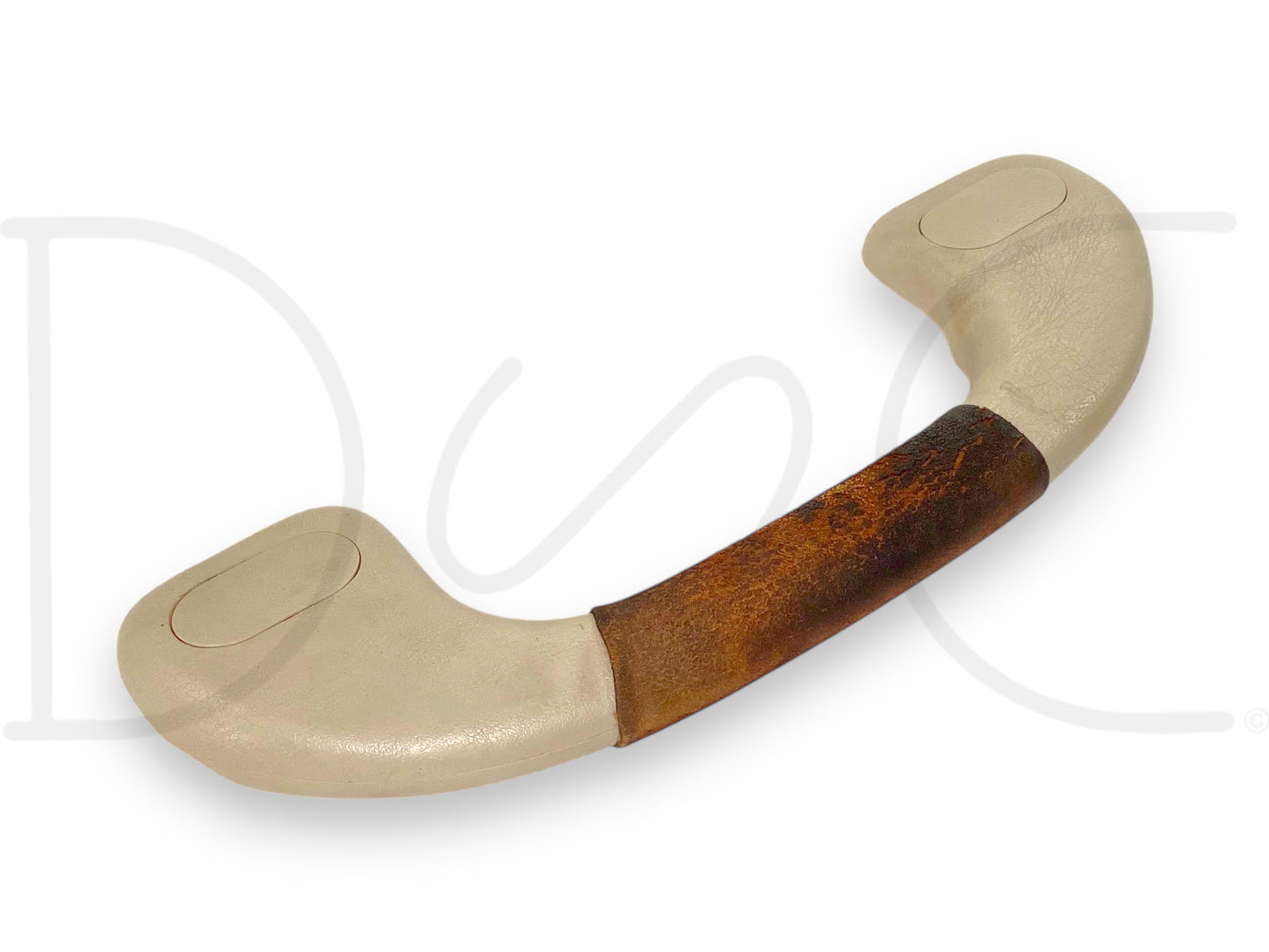 03-07 Ford F250 F350 King Ranch RH Right Passenger A-Pillar Grab Handle Leather with used condition showing light wear and weathering on the leather wrap, suitable for Super Duty trucks.