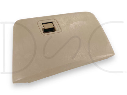 03-07 Ford F250 F350 Super Duty Tan Glove Box Storage Compartment in used good condition with light wear, suitable for 2003-2007 Ford Super Duty models.
