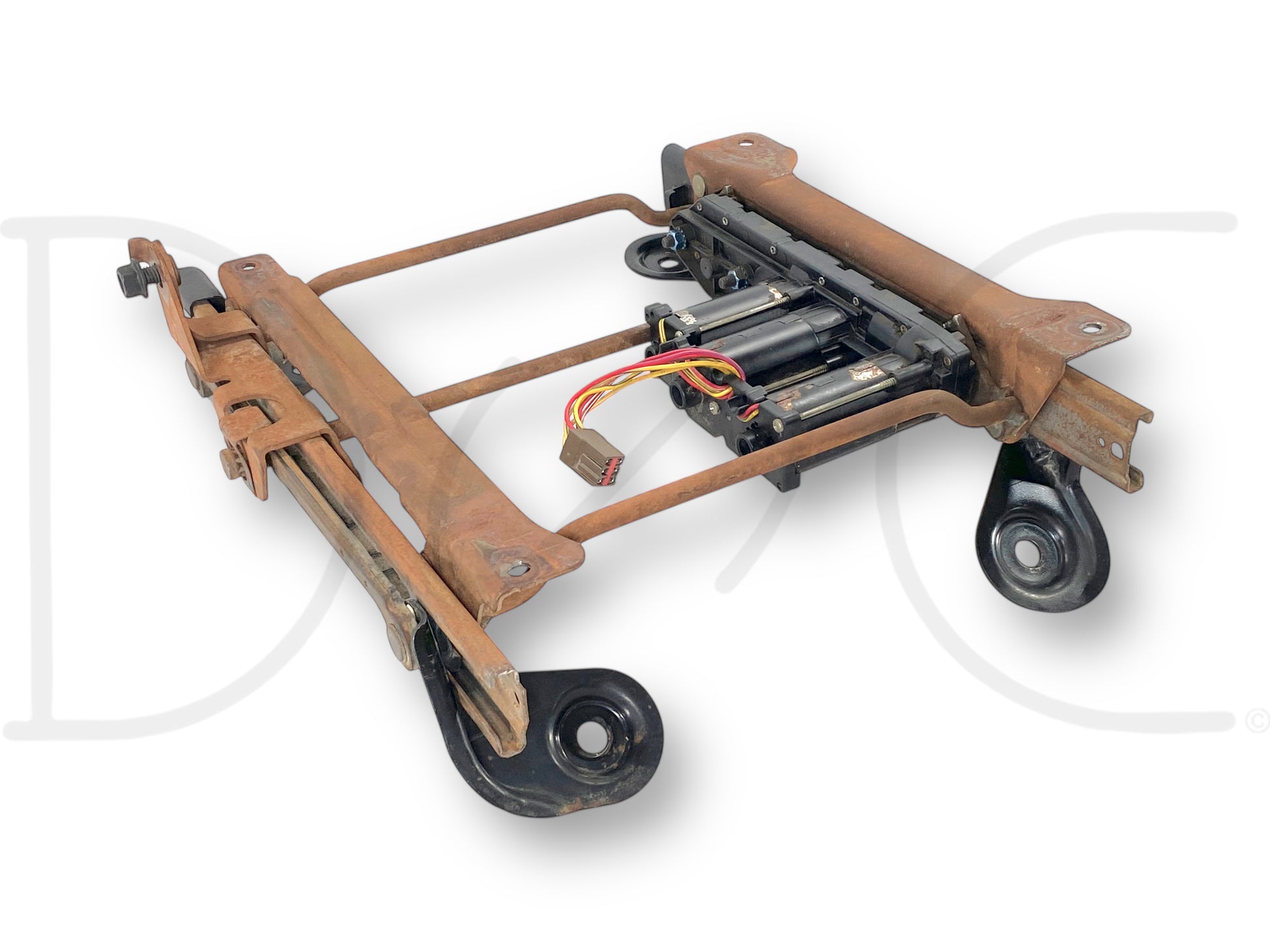 99-07 Ford F250 F350 LH Left Driver Seat Track Base Frame Power Motors OE in used good condition with light wear, compatible with 1999-2007 Ford F-250 and F-350 trucks.