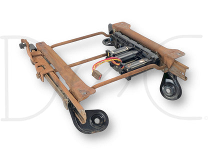 99-07 Ford F250 F350 LH Left Driver Seat Track Base Frame Power Motors OE in used good condition with light wear, compatible with 1999-2007 Ford F-250 and F-350 trucks.