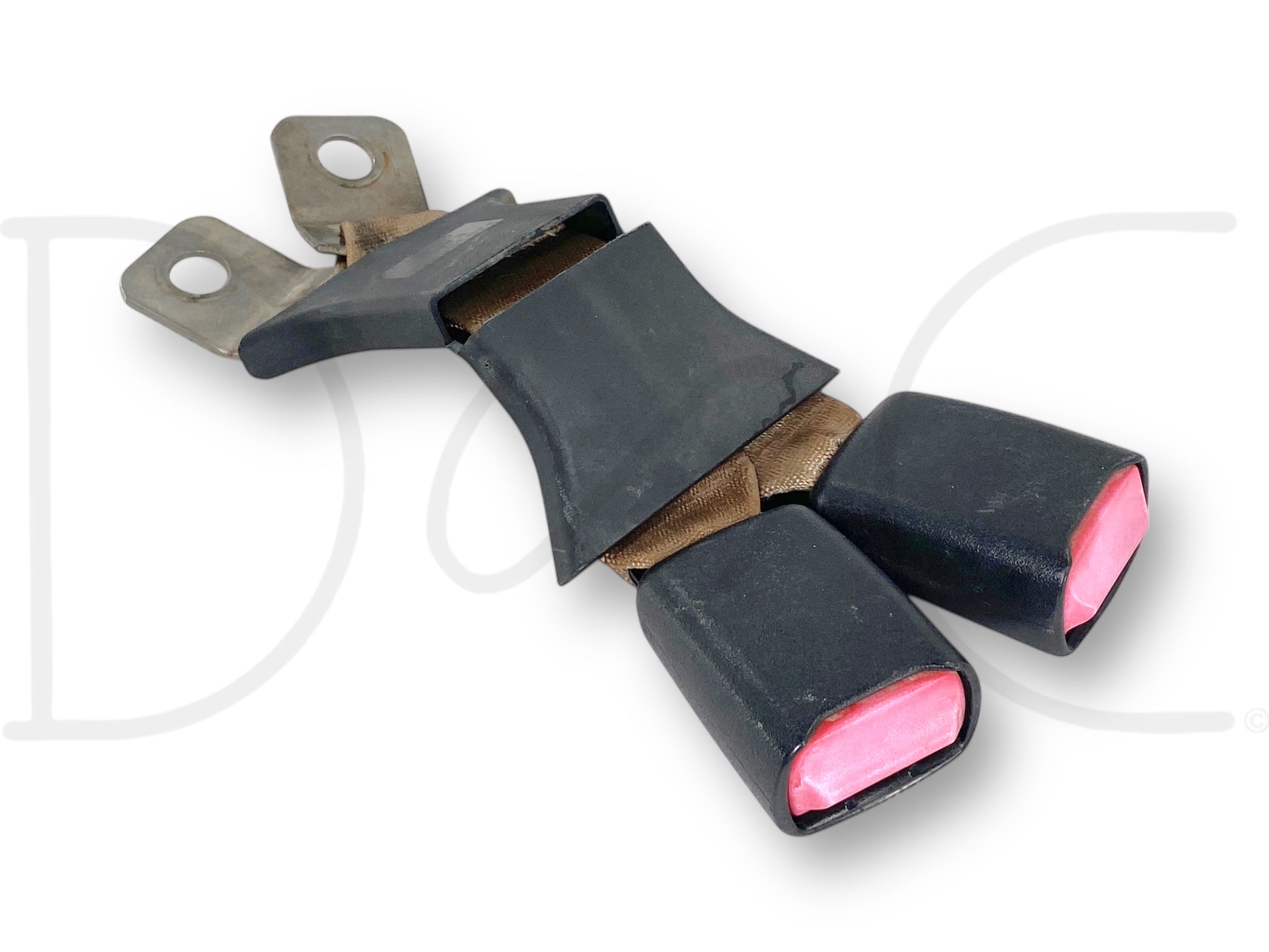 03-07 Ford F250 F350 Rear Seat Belt Seatbelt Latch Buckle Double Tan OE used with light wear and small stains, compatible with 2003-2007 F-250 and F-350 Super Duty trucks.