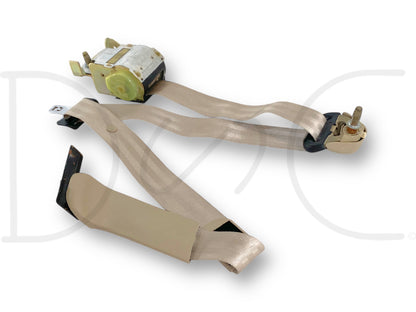 99-04 Ford F250 F350 Crew Cab LH Left Driver Rear Seat Belt Seatbelt Tan OE with light wear, used in good condition, compatible with 1999-2004 F-250 and F-350 trucks.