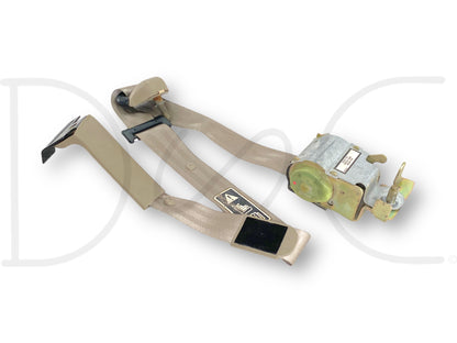 99-04 Ford F250 F350 Crew Cab RH Right Passenger Rear Seat Belt Seatbelt Tan OE, used condition with light wear, genuine OE part for Ford Super Duty trucks.
