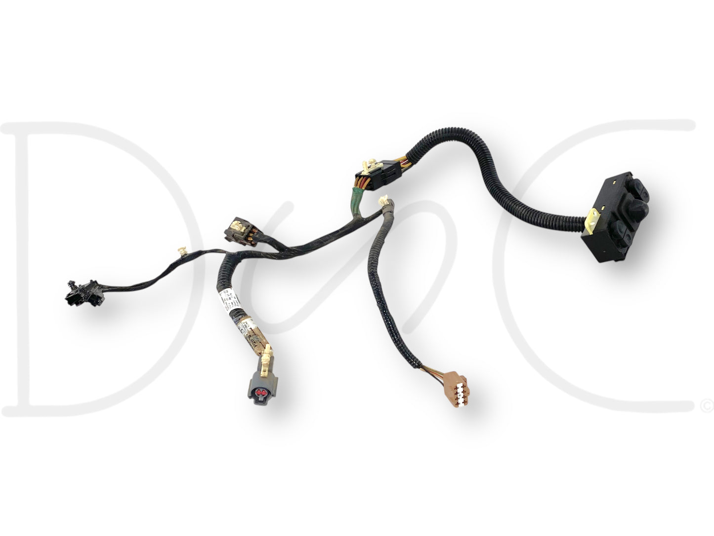 02-07 Ford F250 F350 RH Right Passenger Power Seat Switch Control Wiring Harness with connectors and wiring insulated in black protective sleeves, used condition with light wear.