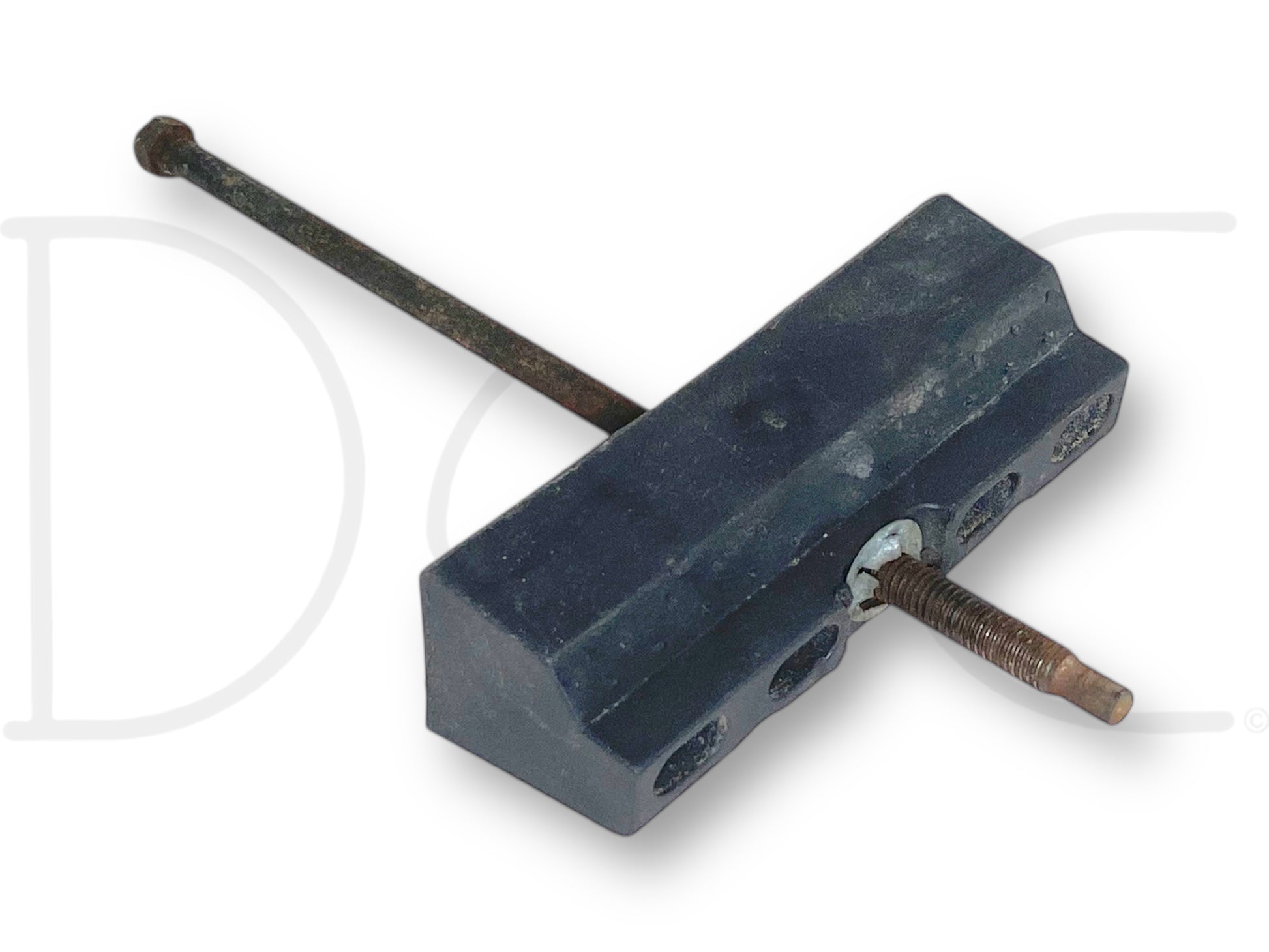 99-10 Ford F250 F350 Super Duty Battery Retainer Hold Down Bracket OEM used with light wear, featuring metal bolt and black plastic bracket for secure battery mounting.