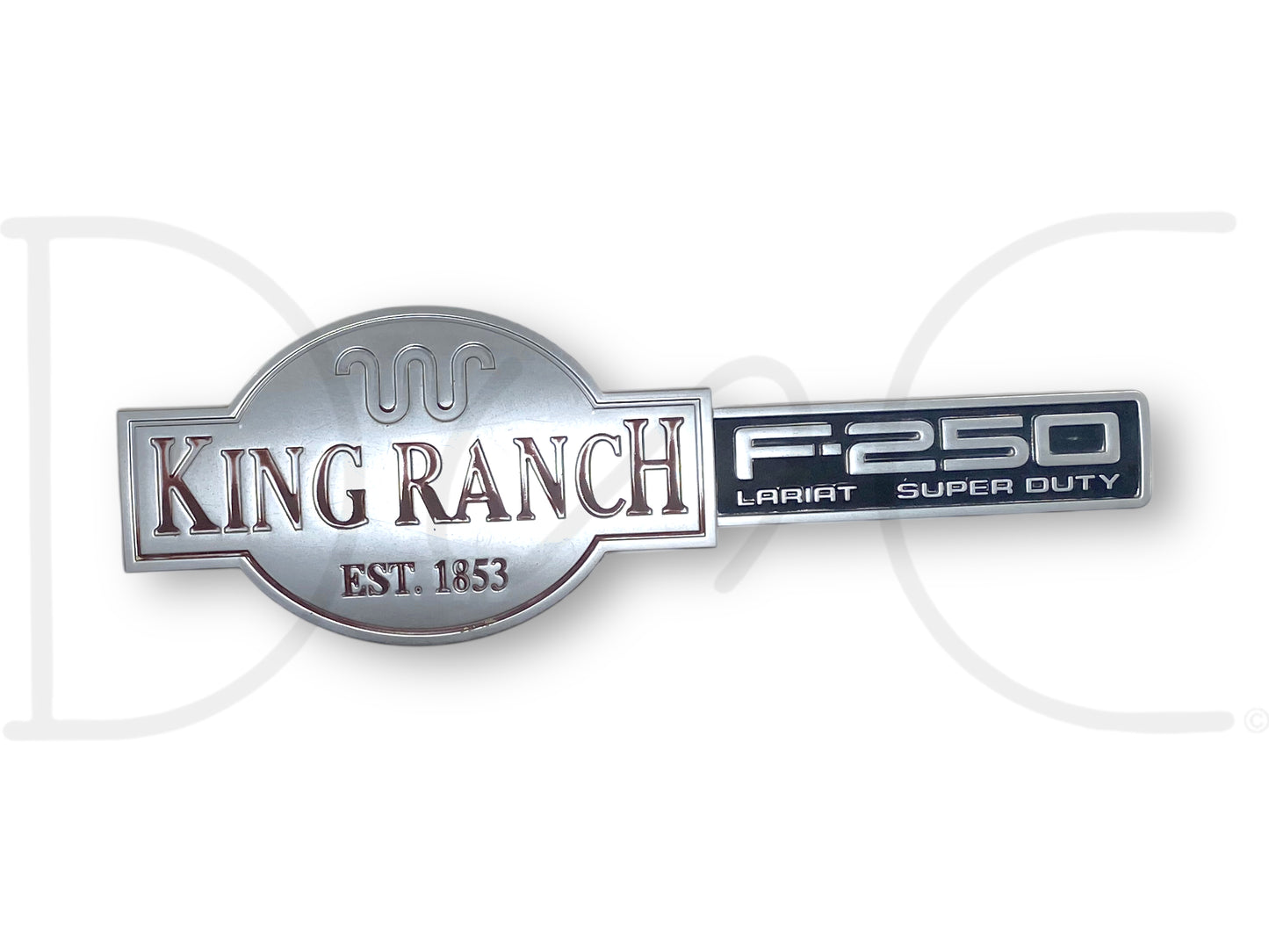 03-07 F250 F-250 King Ranch Lariat Super Duty Fender Badge Emblem Plate LH Left with light wear, fading, and scratches from a 2004 Ford F-250 King Ranch 6.0L Diesel.