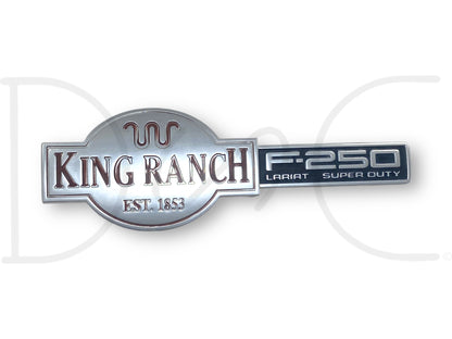 03-07 F250 F-250 King Ranch Lariat Super Duty Fender Badge Emblem Plate RH Right with used light wear, fading, and scratches from 2004 Ford F-250 King Ranch 6.0L Diesel truck.
