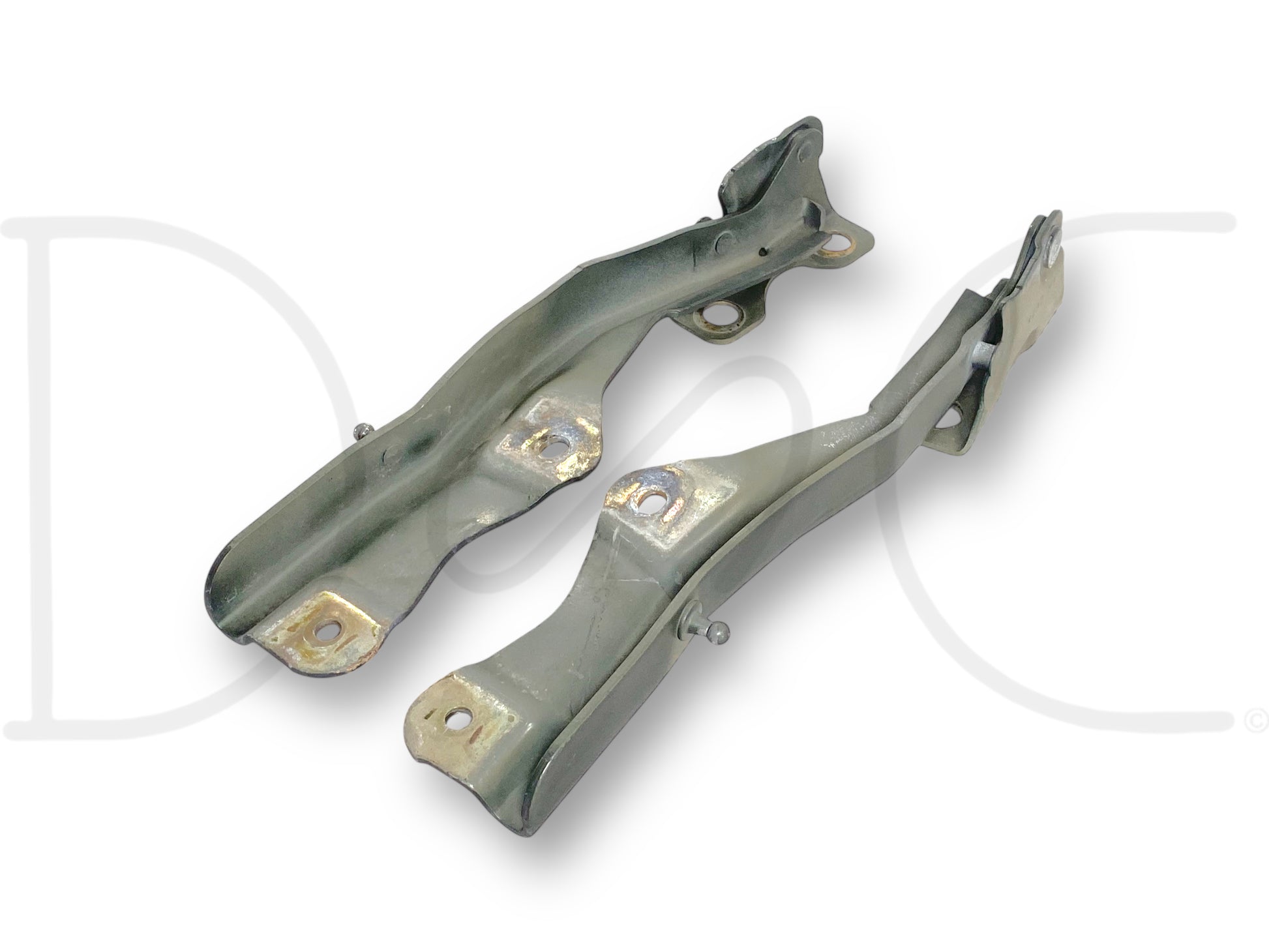 99-07 Ford F250 F350 Super Duty Hood Hinge Set Green Hood Hinges OE RH LH Pair used with light wear, compatible with Ford F-250, F-350, F-450, and F-550 trucks.