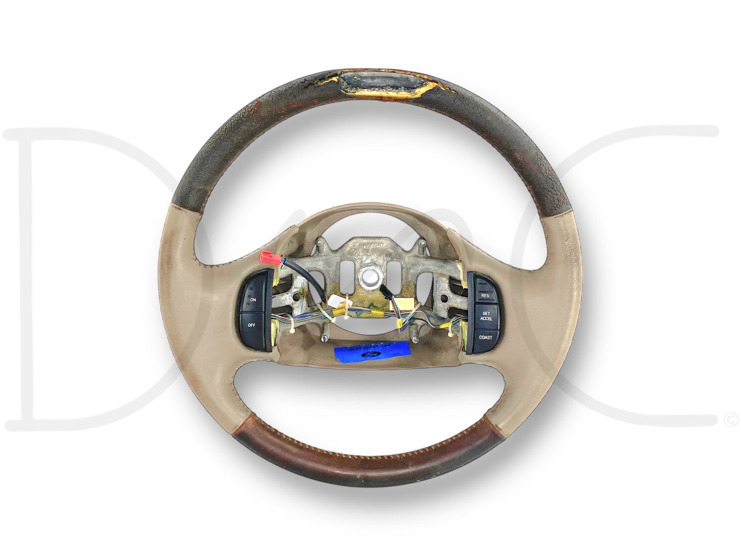 03-04 Ford F250 F350 King Ranch Steering Wheel W/ Cruise Tan Leather OE *Blem* used steering wheel with worn tan leather, cruise control buttons, and blemished top for Super Duty trucks.