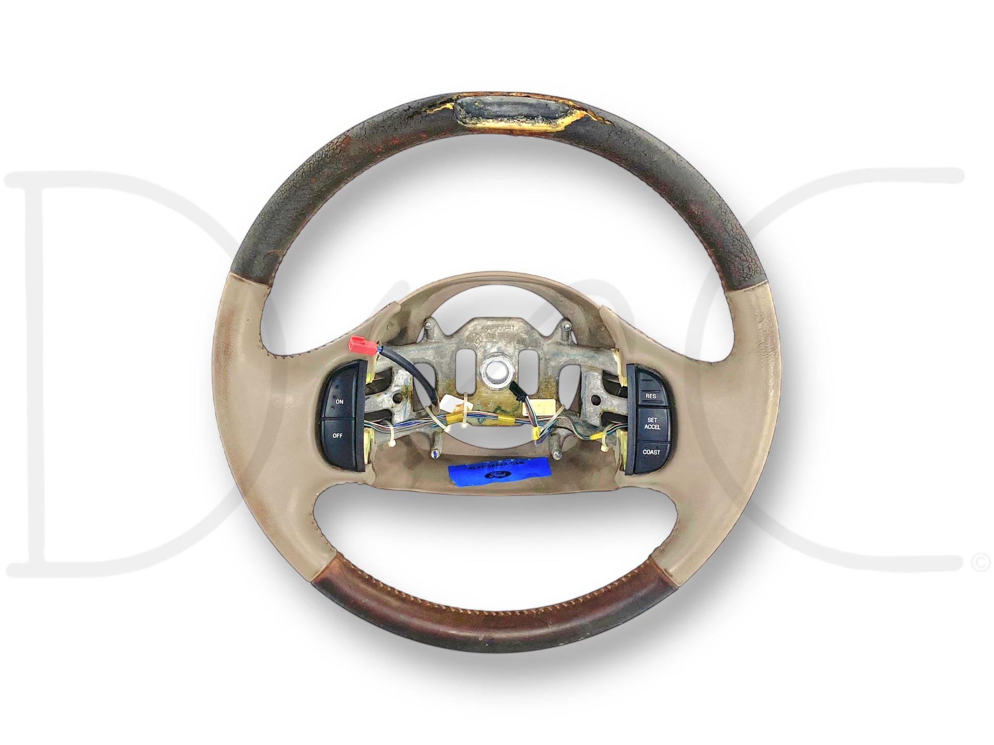 03-04 Ford F250 F350 King Ranch Steering Wheel W/ Cruise Tan Leather OE *Blem* used steering wheel with worn tan leather, cruise control buttons, and blemished top for Super Duty trucks.
