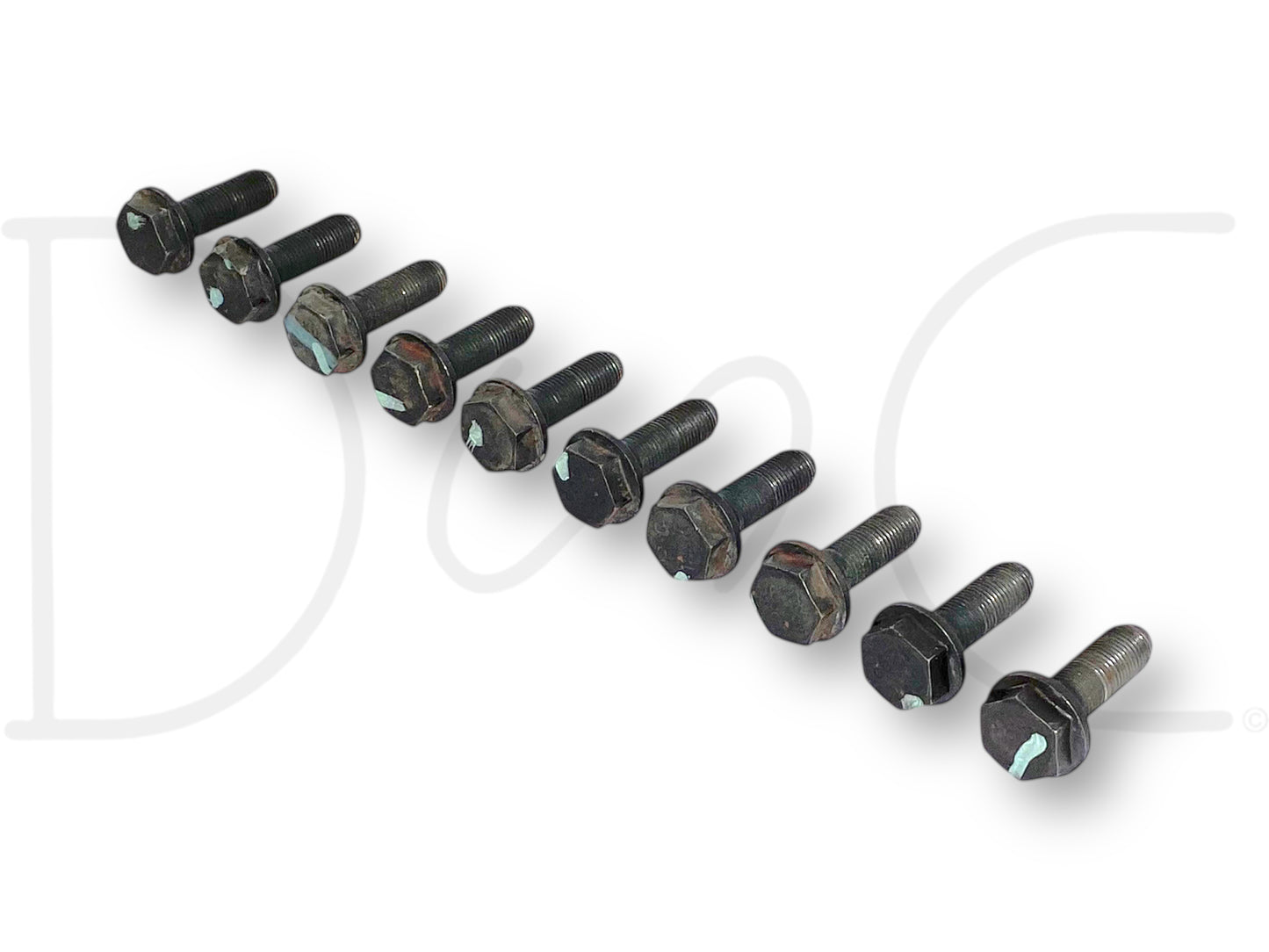03-07 Ford F250 F350 6.0 6.0L Diesel Flex Plate Flexplate Bolts Bolt Set (10) used with light wear, compatible with Ford Excursion and Super Duty trucks, arranged on a white background.
