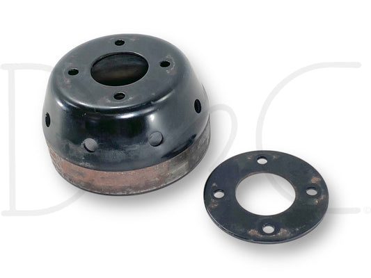03-07 Ford F250 F350 6.0 6.0L Powerstroke Diesel Water Pump Pulley OE used part in good condition with light wear, showing a black metal pulley and mounting plate designed for 6.0L Powerstroke Super Duty engines compatible with 2003-2007 Ford F-250 to F-550 trucks.