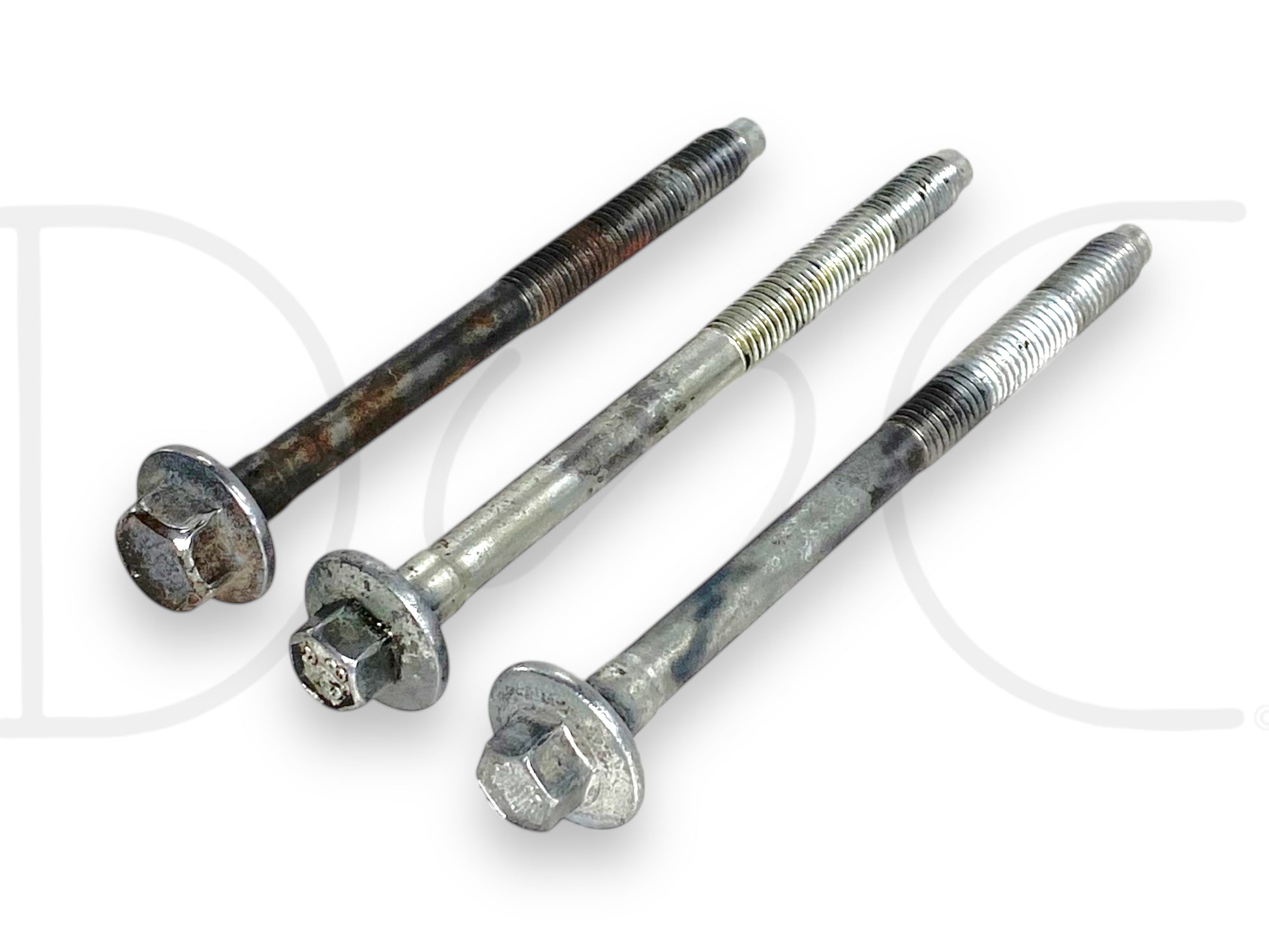 Three used good condition metal bolts with light wear, designed for mounting an AC compressor on 03-07 Ford F250 F350 6.0 6.0L diesel trucks, shown as part of the 03-07 Ford F250 F350 6.0 6.0L Diesel Ac A/C Compressor Mount Bolts Bolt Set OE.