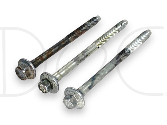 Three used good condition metal bolts with light wear, designed for mounting an AC compressor on 03-07 Ford F250 F350 6.0 6.0L diesel trucks, shown as part of the 03-07 Ford F250 F350 6.0 6.0L Diesel Ac A/C Compressor Mount Bolts Bolt Set OE.