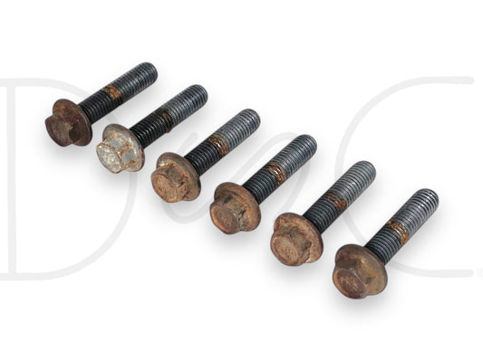 99-10 Ford F250 F350 4X4 Transfer Case To Transmission Bolts OE Bolt Set [6], used with light wear, showing slight surface rust on the heads and threads, compatible with 6.0L Powerstroke and other Ford Super Duty models from 1999 to 2010.