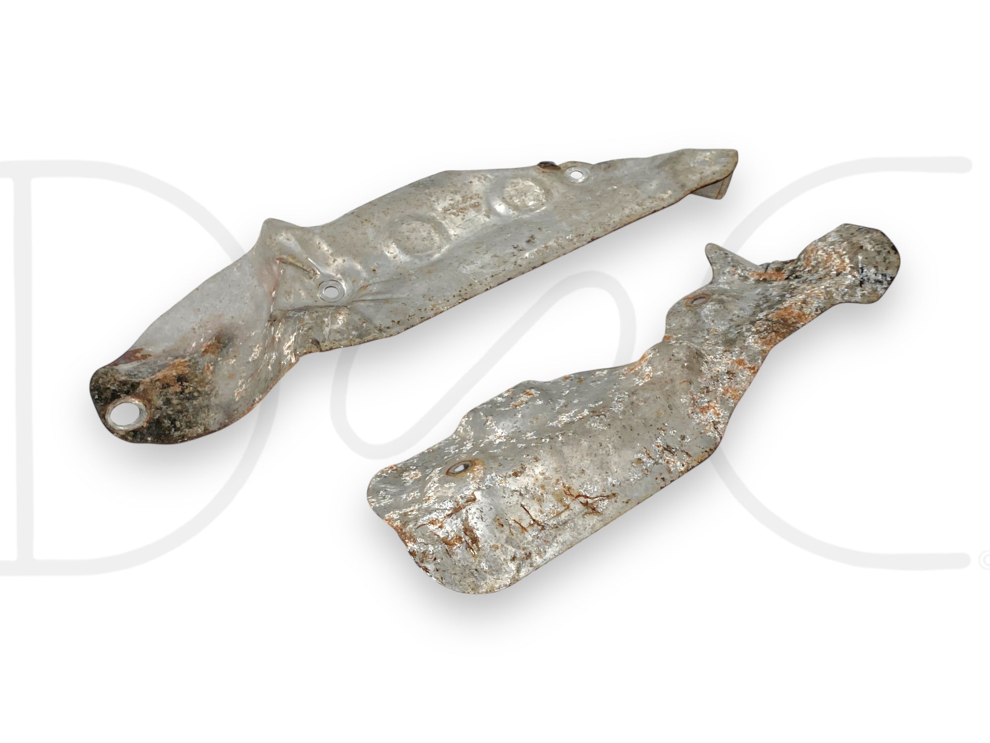 Used good condition 03-04 Ford F250 F350 6.0 6.0L Diesel Engine Heat Shield Set [2] 1838900C2, showing light wear and corrosion, compatible with 2003-2004 Ford F-250, F-350, F-450, and F-550 Super Duty models, designed for 6.0 Powerstroke engines.
