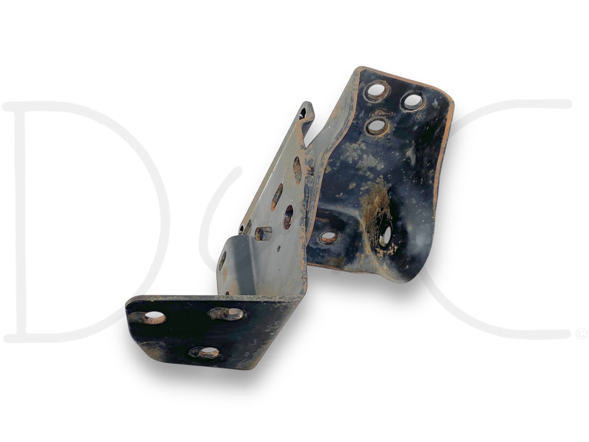 00-03 Ford F250 F350 RH Right Passenger Front Spring Hanger Crash Bar Bracket, used condition with light wear, compatible with 2000-2003 Ford Excursion, F-250, F-350, F-450, and F-550 trucks, showing a durable black metal construction designed for 6.0L Powerstroke and Super Duty models.