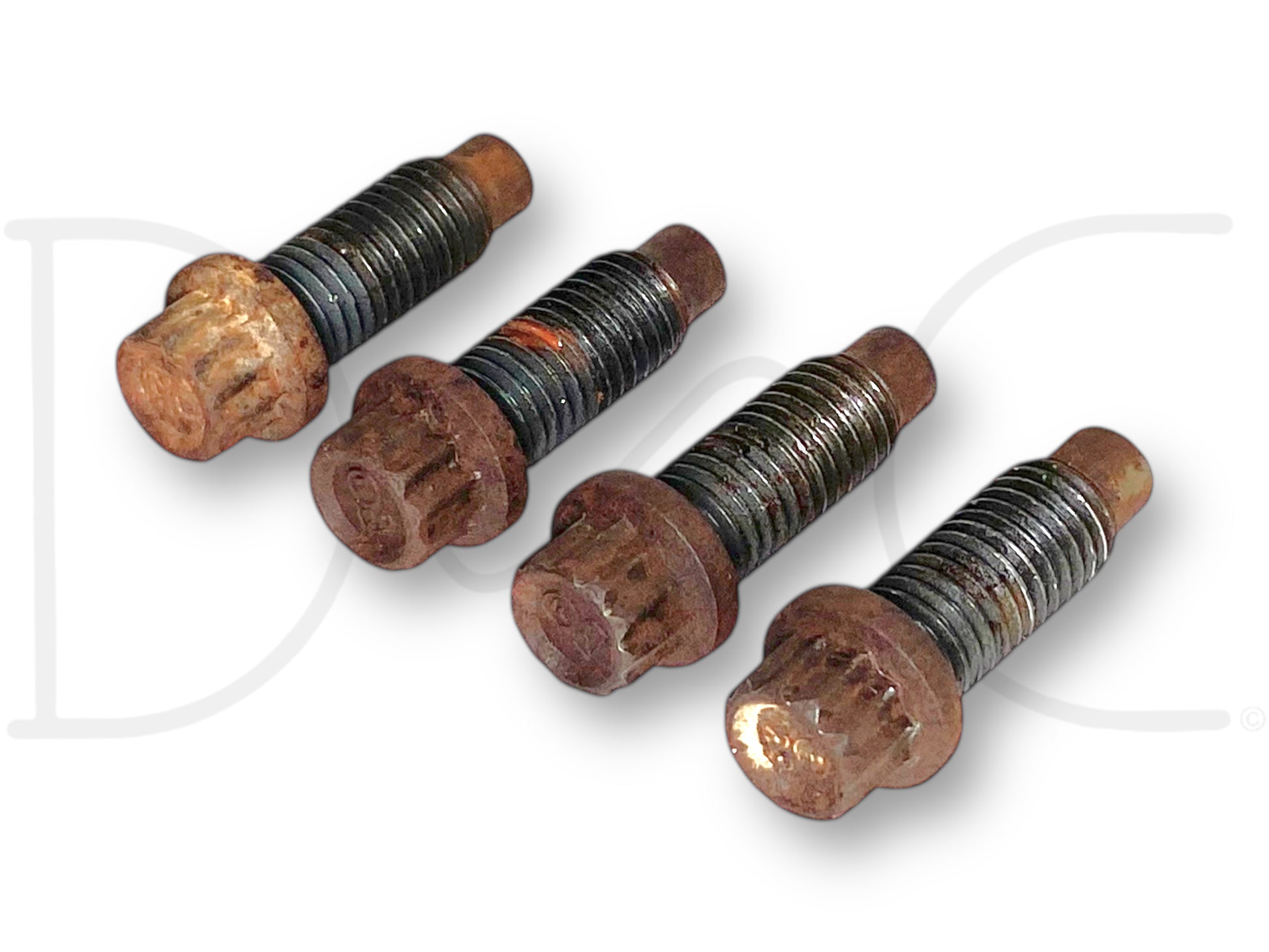 99-10 Ford Super Duty F250 F350 Driveshaft To Flange Bolts OEM Bolt Set (4) showing four used bolts with light wear, compatible with 1999-2010 Ford Super Duty models, including F-250, F-350, F-450, and F-550 trucks, designed for reliability in diesel truck applications.