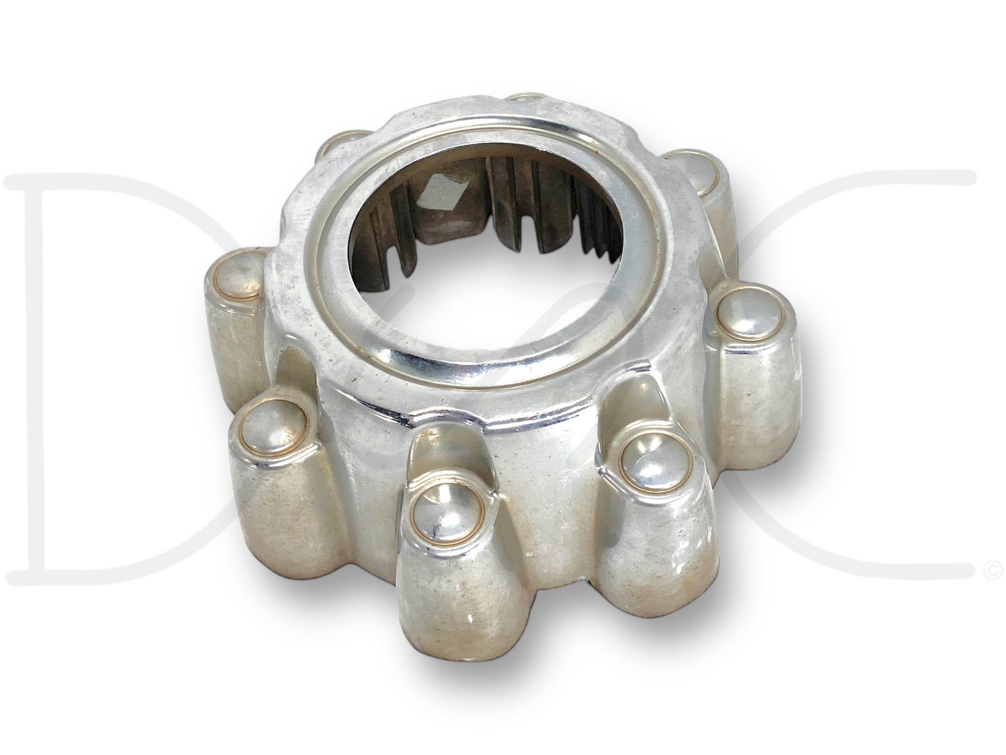 99-04 Ford F250 F350 Super Duty 4X4 Front Wheel Center Hub Cap Hubcap Chrome OEM, used condition with light wear and surface scratches, compatible with 1999-2004 Ford Excursion, F-250, and F-350 trucks featuring 6.0L Powerstroke engines.