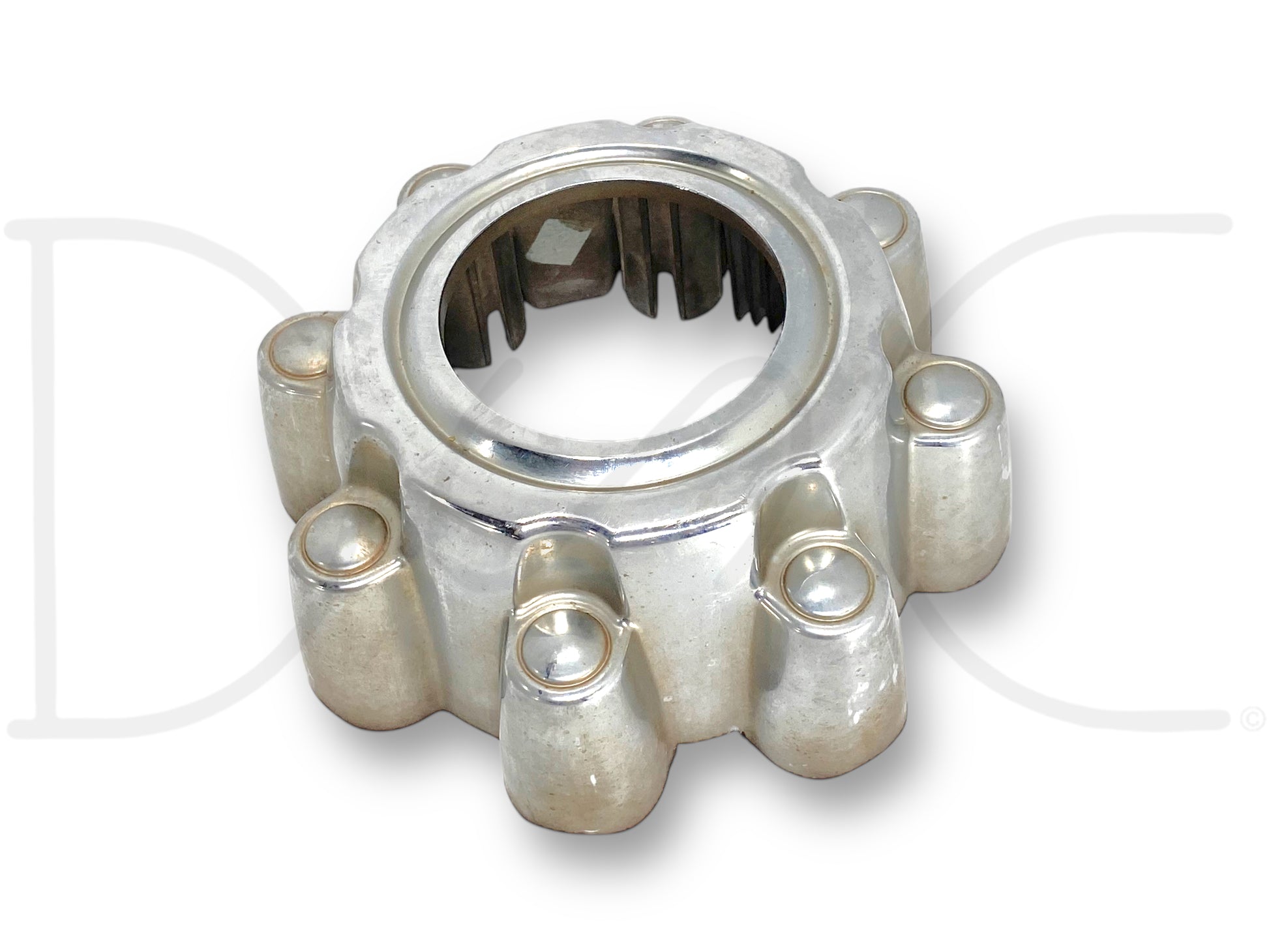 99-04 Ford F250 F350 Super Duty 4X4 Front Wheel Center Hub Cap Hubcap Chrome OEM, used condition with light wear and surface scratches, compatible with 1999-2004 Ford Excursion, F-250, and F-350 trucks featuring 6.0L Powerstroke engines.