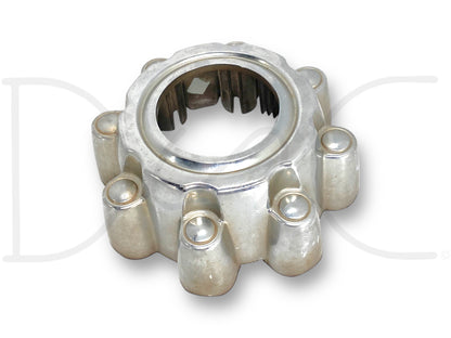 99-04 Ford F250 F350 Super Duty 4X4 Front Wheel Center Hub Cap Hubcap Chrome OEM, used condition with light wear and surface scratches, compatible with 1999-2004 Ford Excursion, F-250, and F-350 trucks featuring 6.0L Powerstroke engines.