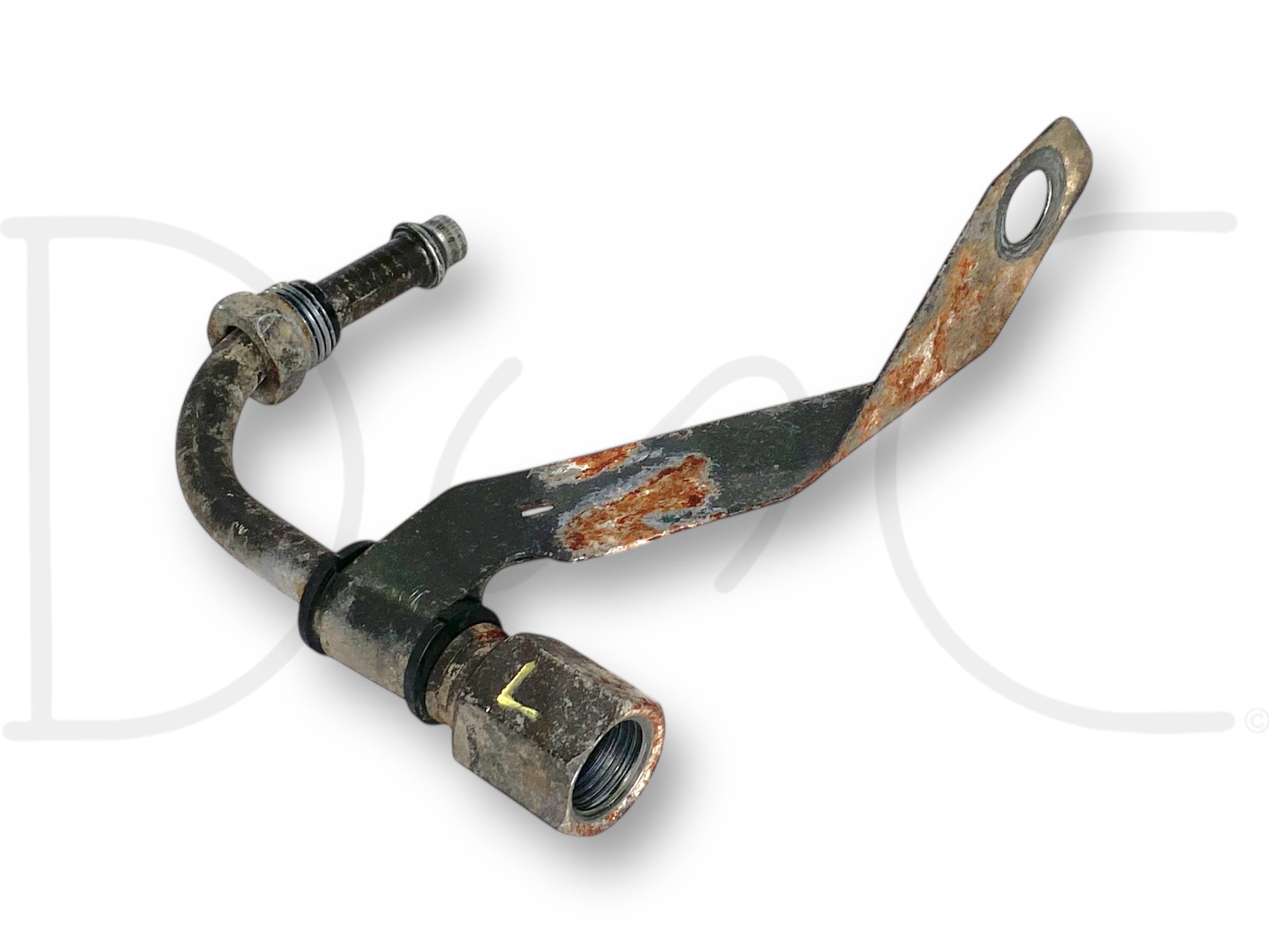 99-04 Ford F250 F350 LH Left Hydrboost Line Elbow Hose Adapter OEM used with light wear and surface rust, designed for 1999-2004 Ford F-250, F-350, F-450, and F-550 trucks, compatible with 6.0L Powerstroke and Super Duty models.
