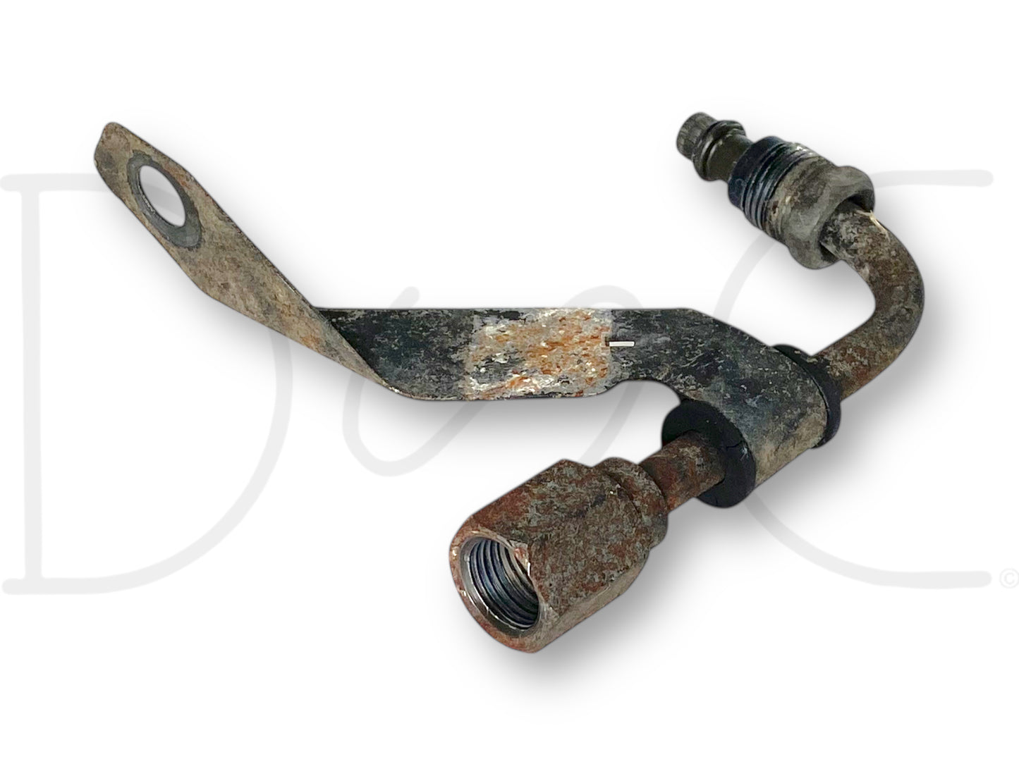 99-04 Ford F250 F350 RH Right Hydrboost Line Elbow Hose Adapter OEM with visible signs of light wear and rust, used component compatible with 6.0L Powerstroke engines in Ford F-250, F-350, F-450, and F-550 trucks from 1999 to 2004.
