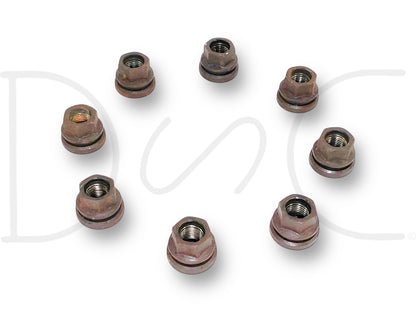 03-16 Ford F250 F350 Lug Nuts Set Of 8 Fine Thread OEM Lug Nut Set M14-1.5, used with light wear, compatible with 6.0L Powerstroke engines and Ford Super Duty trucks from 2003 to 2016, designed for secure fitment on lug studs.