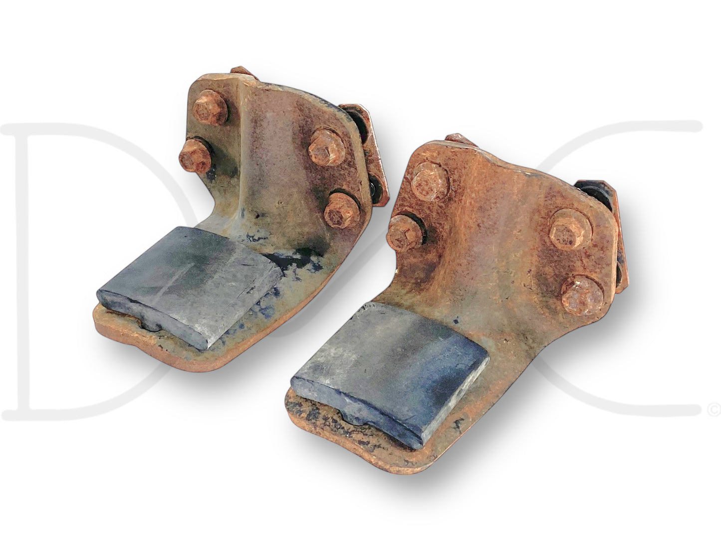 99-16 Ford F250 F350 Rear Auxiliary Leaf Spring Overload Bracket Set OE, used condition with light wear, compatible with 6.0L Powerstroke models from 1999 to 2016, showing some surface rust and original mounting bolts intact.