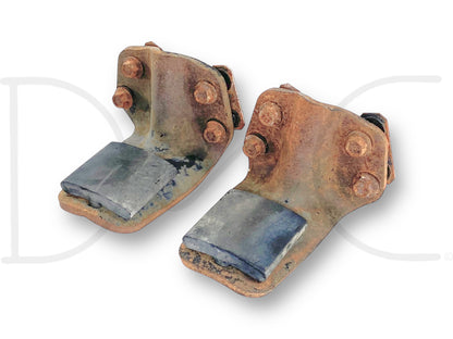 99-16 Ford F250 F350 Rear Auxiliary Leaf Spring Overload Bracket Set OE, used condition with light wear, compatible with 6.0L Powerstroke models from 1999 to 2016, showing some surface rust and original mounting bolts intact.
