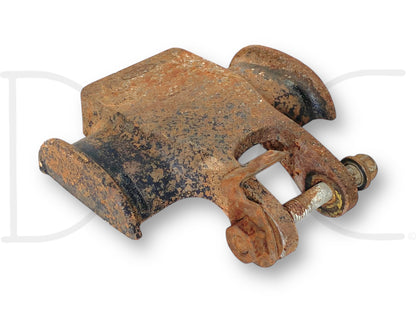 Used 99-04 Ford F250 F350 4X4 Front Lower Shock Mount U Bolt Plate 1C34-5458-Aa showing light wear and rust, compatible with Ford Super Duty trucks including F-250, F-350, F-450, and F-550 models from 1999 to 2004, featuring durable steel construction.