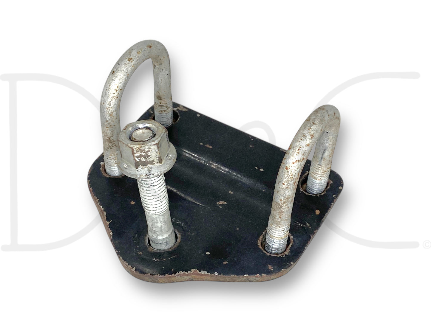99-04 Ford F250 F350 Steering Damper Stabilizer Lower Mount Bracket OEM, used with light wear, featuring a black metal base plate with three silver U-bolts and one nut, compatible with 1999-2004 Ford F-250 and F-350 trucks including 6.0L Powerstroke models.