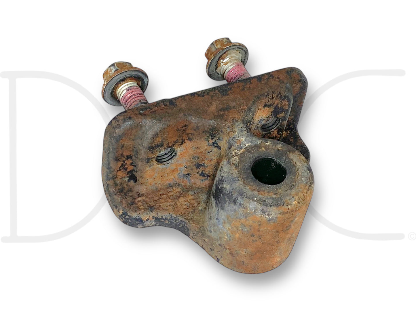 99-04 Ford F250 F350 4X4 Front Sway Bar Stabilizer Link Mount Bracket OE, used condition with light wear, removed from 2004 Ford F-250 King Ranch 6.0L Diesel, showing rust and corrosion on the metal surface with attached mounting bolts.