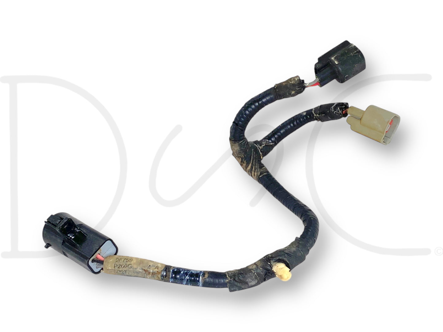 03-07 Ford F250 F350 6.0 6.0L Diesel Fuel Pump Wiring Harness 6C3T-9F759-P260G used in good condition with light wear, featuring three electrical connectors wrapped in black protective sheathing, compatible with 2003-2007 Ford Excursion and Super Duty trucks.