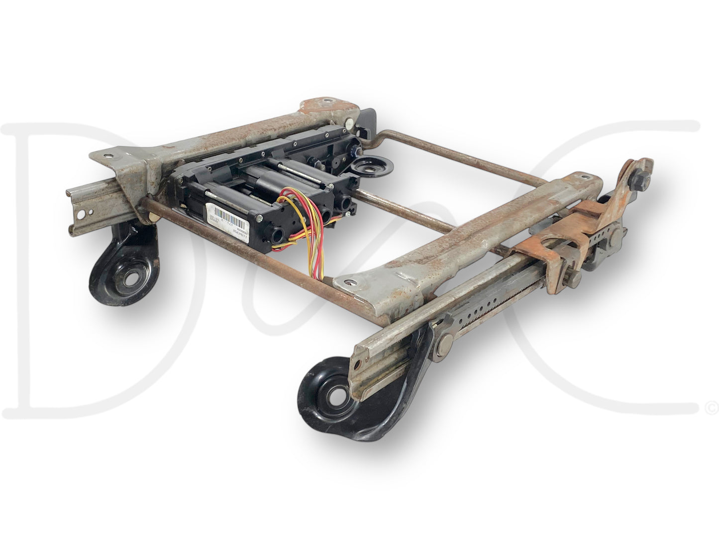 08-10 Ford F250 F350 RH Right Passenger Seat Track Base Frame Power Motors OE used seat track base frame with power motors, showing light wear and designed for 2008 to 2010 Ford F-250, F-350, F-450, and F-550 Super Duty trucks with 6.4L Powerstroke engine compatibility.