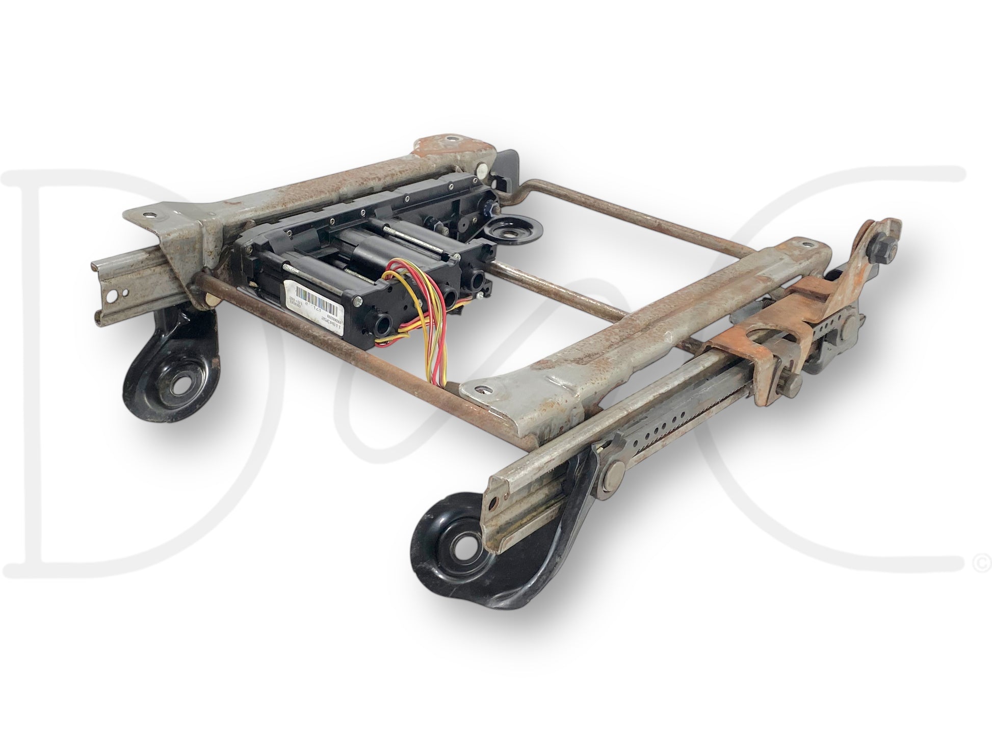 08-10 Ford F250 F350 RH Right Passenger Seat Track Base Frame Power Motors OE used seat track base frame with power motors, showing light wear and designed for 2008 to 2010 Ford F-250, F-350, F-450, and F-550 Super Duty trucks with 6.4L Powerstroke engine compatibility.