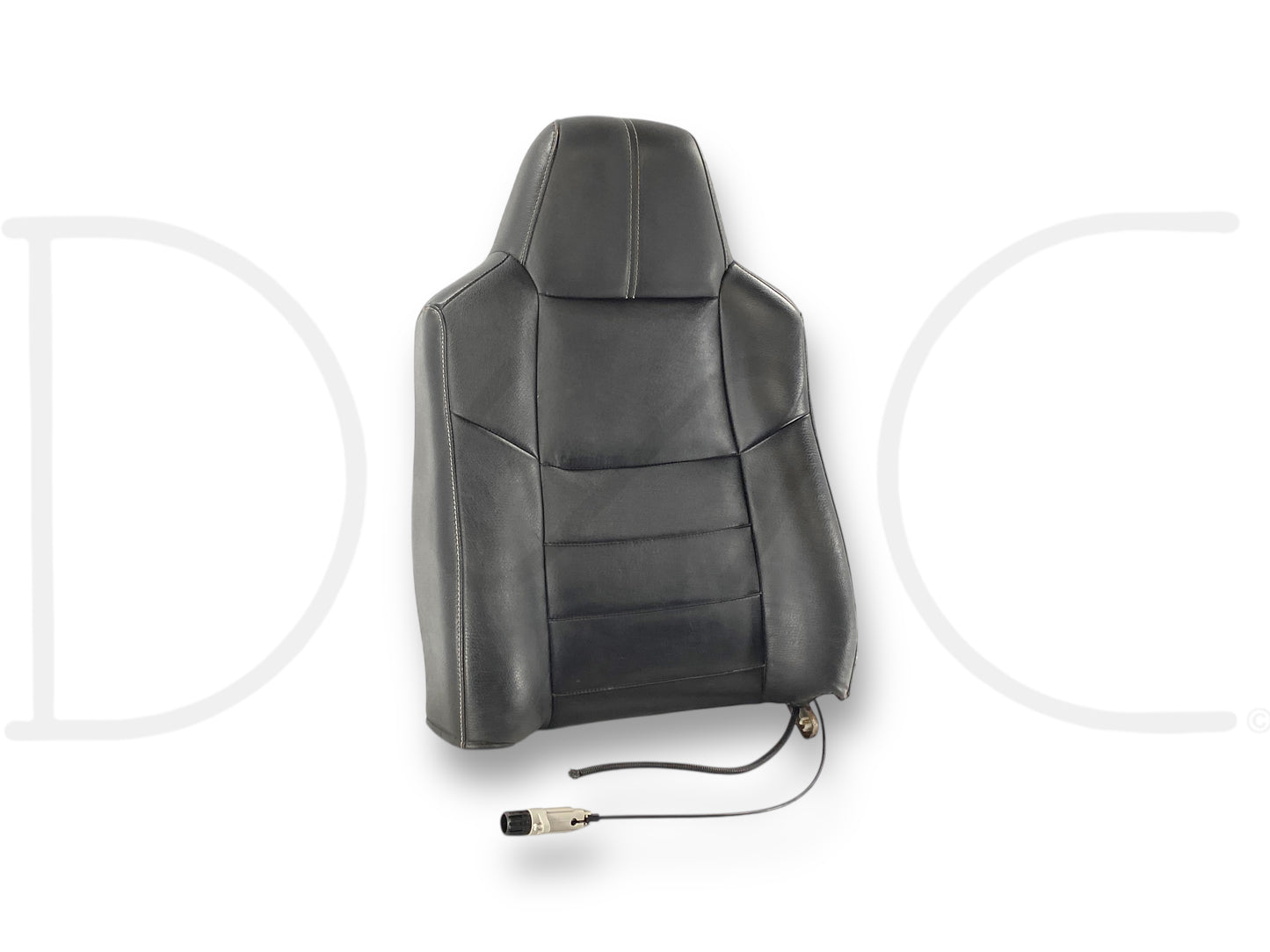 08-10 Ford F250 F350 RH Right Passenger Seat Back Upper Cushion Black Leather, used condition with light wear, compatible with 2008-2010 Ford F-250, F-350, F-450, and F-550 trucks, featuring original OEM quality and wiring harness connector for power adjustments.