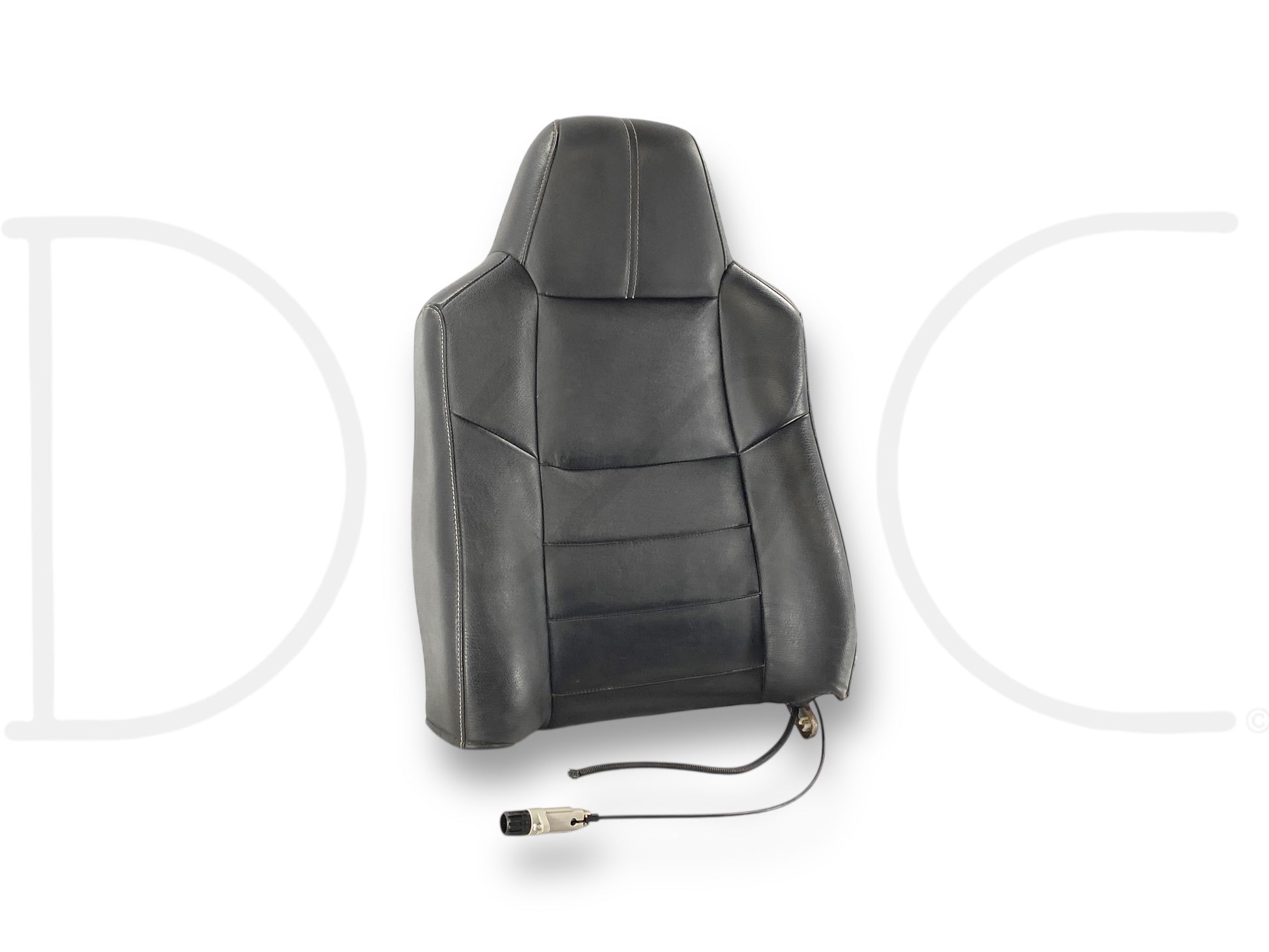 08-10 Ford F250 F350 RH Right Passenger Seat Back Upper Cushion Black Leather, used condition with light wear, compatible with 2008-2010 Ford F-250, F-350, F-450, and F-550 trucks, featuring original OEM quality and wiring harness connector for power adjustments.