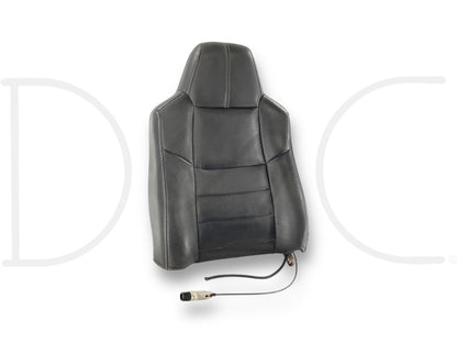 08-10 Ford F250 F350 RH Right Passenger Seat Back Upper Cushion Black Leather, used condition with light wear, compatible with 2008-2010 Ford F-250, F-350, F-450, and F-550 trucks, featuring original OEM quality and wiring harness connector for power adjustments.