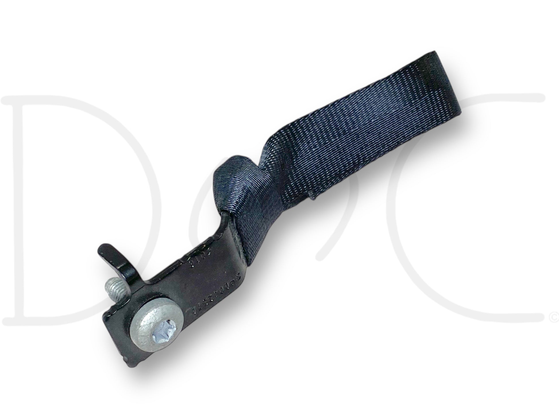 08-10 Ford F250 F350 Rear Cab Wall Car Seat Loop Strap Child Restraint Anchor in used good condition with light wear, featuring a black fabric loop attached to a metal mounting bracket with bolt for secure installation in 2008-2010 Ford F-250, F-350, F-450, and F-550 trucks.