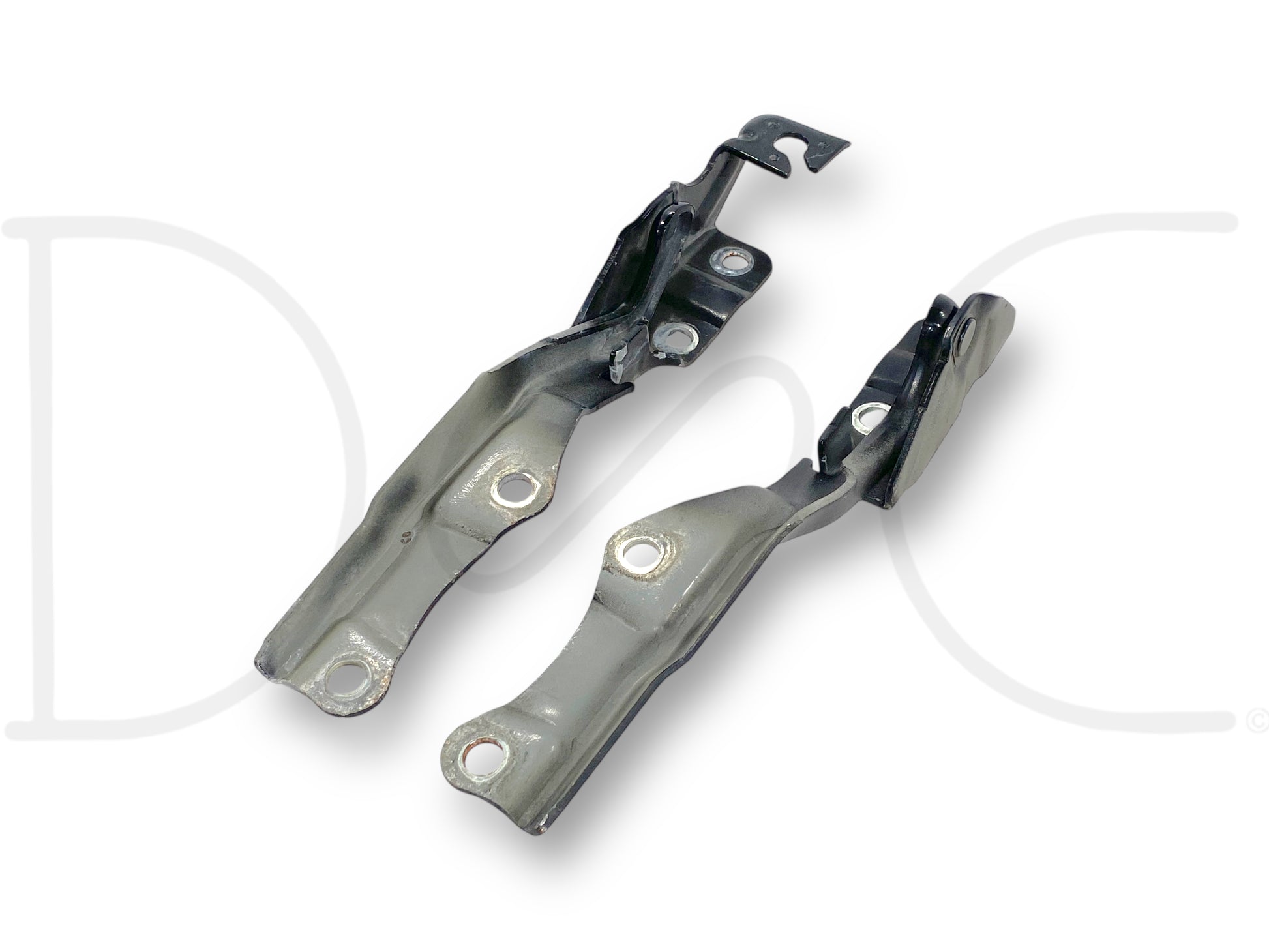 08-10 Ford F250 F350 Super Duty Hood Hinge Set Black Hood Hinges OE RH LH Pair, used condition with light wear, compatible with 2008-2010 Ford F-250, F-350, F-450, F-550 trucks, designed for 6.4L Powerstroke models, durable black metal hinges.