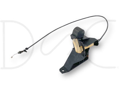 08-10 Ford F250 F350 Hood Latch Catch Lock Release Handle Cable Bracket OE, used condition with light wear, featuring a black plastic bracket and attached release cable designed for Ford Super Duty trucks from 2008 to 2010, compatible with diesel models including 6.4L Powerstroke.
