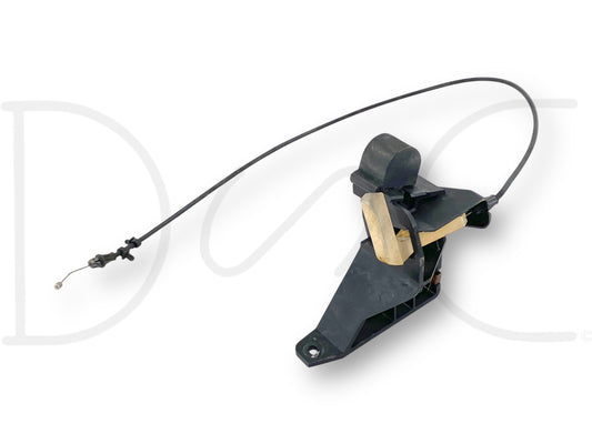 08-10 Ford F250 F350 Hood Latch Catch Lock Release Handle Cable Bracket OE, used condition with light wear, featuring a black plastic bracket and attached release cable designed for Ford Super Duty trucks from 2008 to 2010, compatible with diesel models including 6.4L Powerstroke.