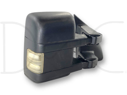 08-16 Ford F250 F350 RH Right Passenger Tow Mirror Power Heat OEM with power and heat functions, black housing, aftermarket light lens, used condition with light wear and scratches on glass, fits 2008-2016 Ford Super Duty trucks including F-250, F-350, F-450, and F-550 models.