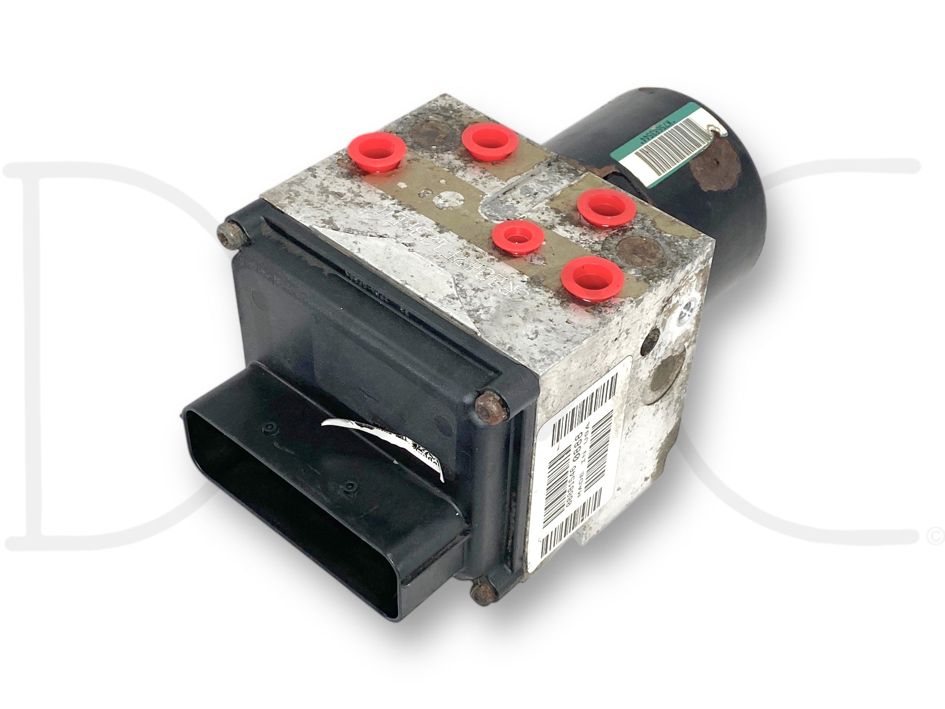 08-10 Ford F250 F350 ABS Pump Brake Control Module OEM EHCU 7C34-2C346 used with light wear, removed from 2008 Ford F-350 XLT FX4 6.4L Diesel, featuring multiple red-capped ports, a black electrical connector, and a weathered metal housing.