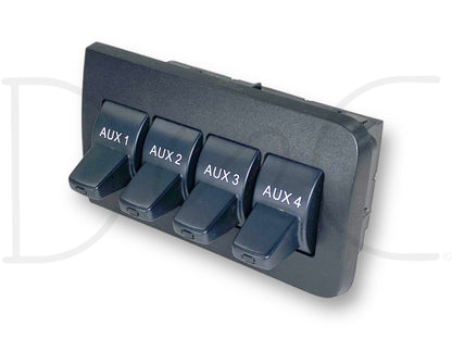 08-10 Ford F250 F350 Dash Aux Auxiliary Upfitter Switches OEM 8C3T-13D734, used with light wear, featuring four black rocker switches labeled AUX 1 through AUX 4, designed for easy installation in 2008-2010 Ford Super Duty trucks including F-250, F-350, F-450, and F-550 models.