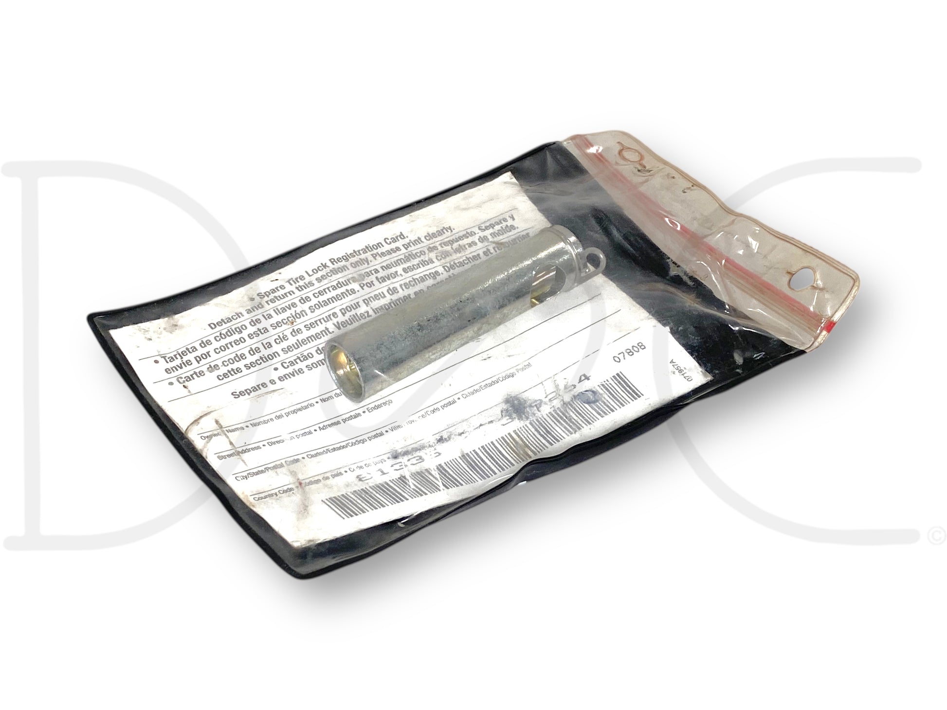 Ford F250 F350 Spare Tire Lock Key And Code Card OE 6C34-1A380-Aa 81335 379264, used with light wear, displayed in a protective plastic bag including detailed instructions and barcode, compatible with 2006-2010 Ford F250 and F350 diesel trucks.