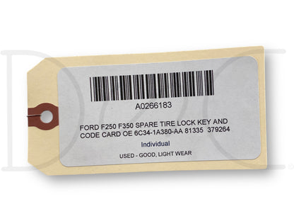 Ford F250 F350 Spare Tire Lock Key And Code Card OE 6C34-1A380-Aa 81335  379264